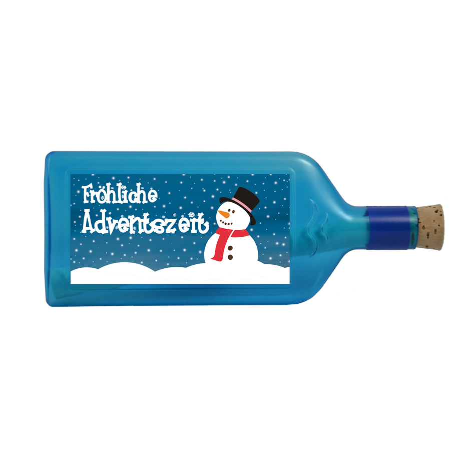 Blaue Flasche mit Sujet "Fröhliche Adventszeit"