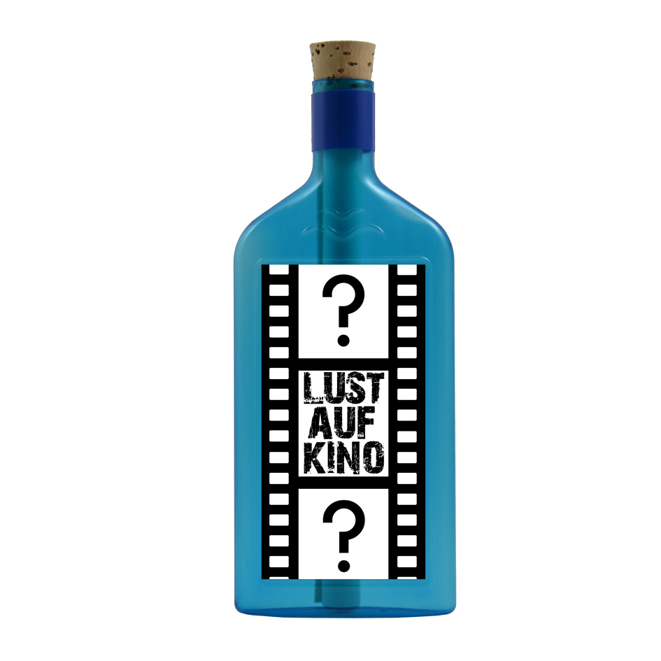 Blaue Flasche mit Sujet "Lust auf Kino?"