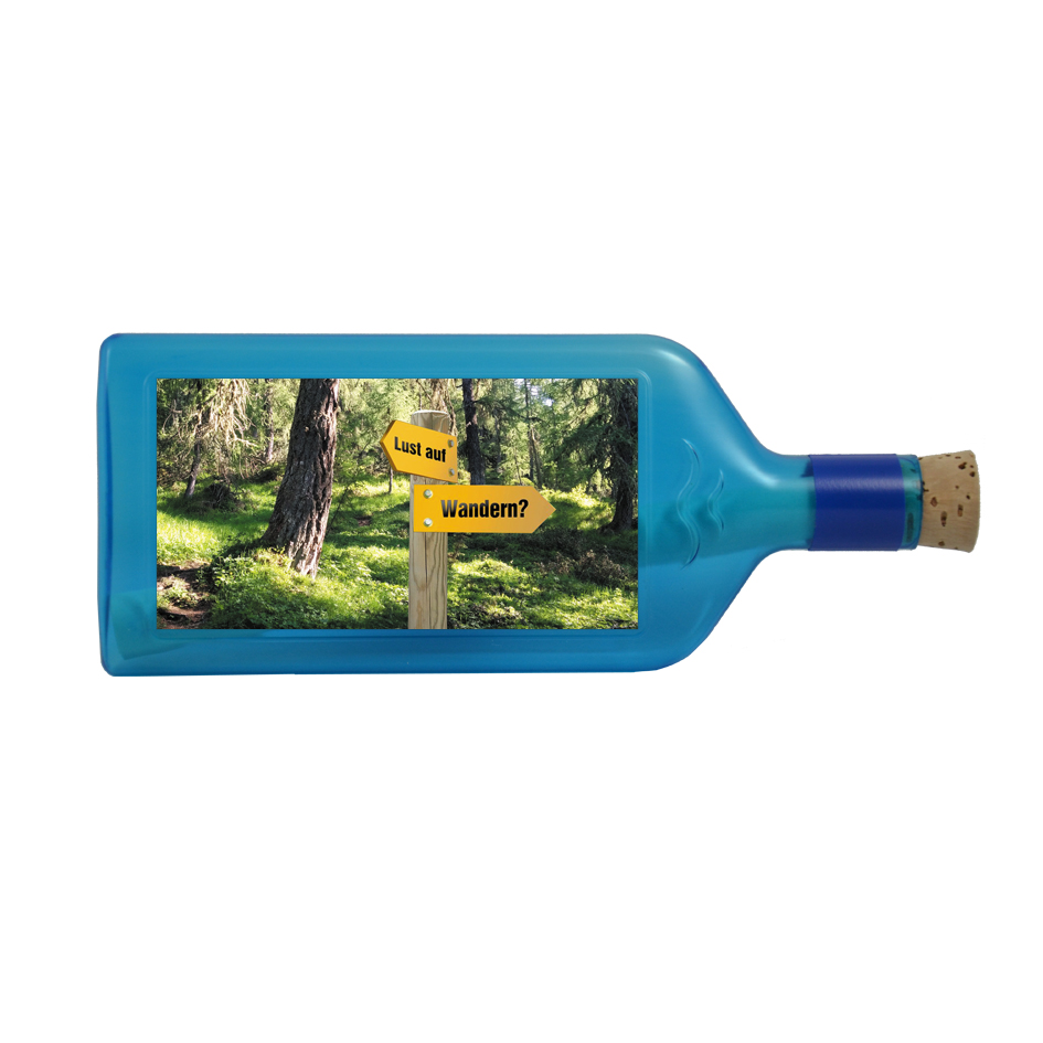 Blaue Flasche mit Sujet "Lust auf Wandern"