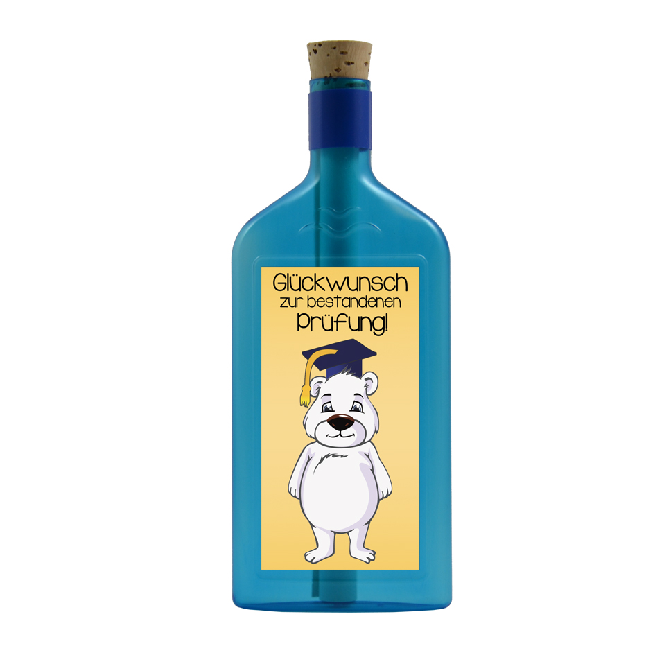 Blaue Flasche mit Sujet "Eisbär - Glückwunsch zur bestandenen Prüfung"