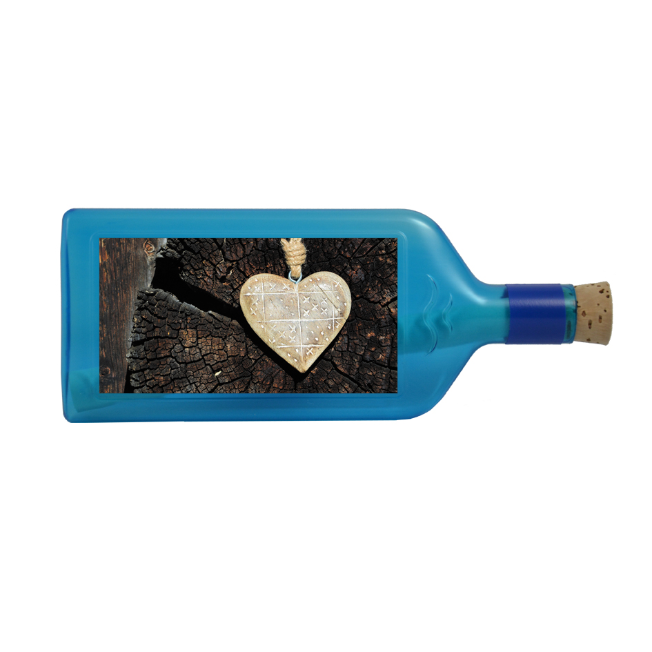 Blaue Flasche mit Sujet "Herz auf Baumstumpf"