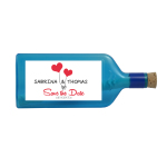 Blaue Flasche mit einem personalisierten Sujet "Save the Date"