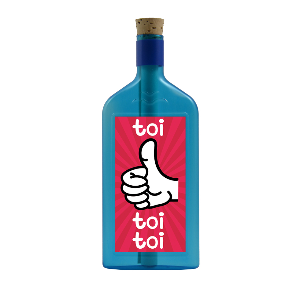 Blaue Flasche mit Sujet "toi toi toi"