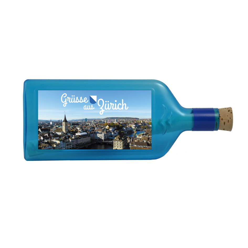 Blaue Flasche mit Sujet "Grüsse aus Zürich"